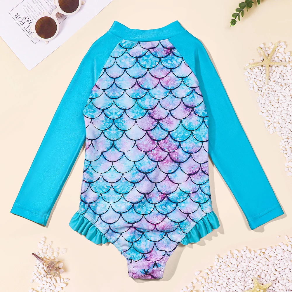 Kids Baby Girl Swimsuits Fish Scale Print Ruffles Long Sleeve Jumpsuit Swimwear Beachwear Children Bathing Suits