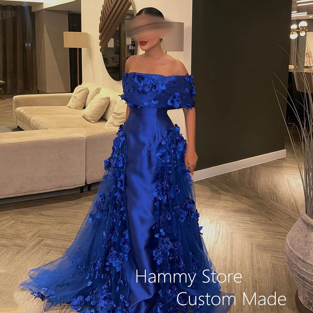 Royal Blue Evening Dress Customized Boat Neck Off The Shoulder Pearls Flower A Line Saudi Arabian Prom Dresses Party Gown