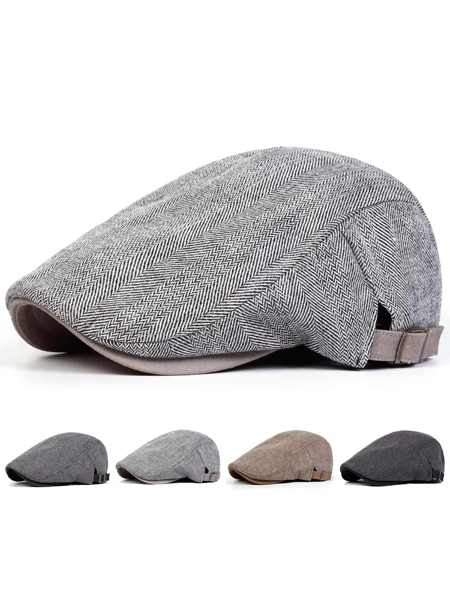 Herren Retro Fischgrätmuster Newsboy Caps Britische Malermützen Frühling und Herbst Verstellbare Flat Cap Hip Hop Barette