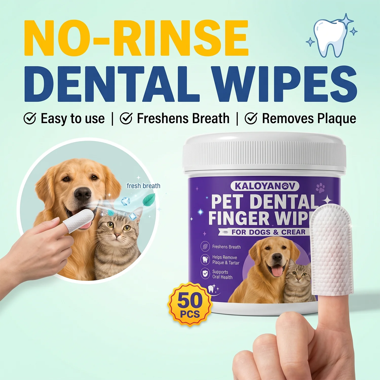 Pet Dental Care Wipes for Dogs & Cats, No-Rinse Teeth Cleaning Finger Wipes Kit to Remove Plaque & Tartar, Disposable - 50 Wipes