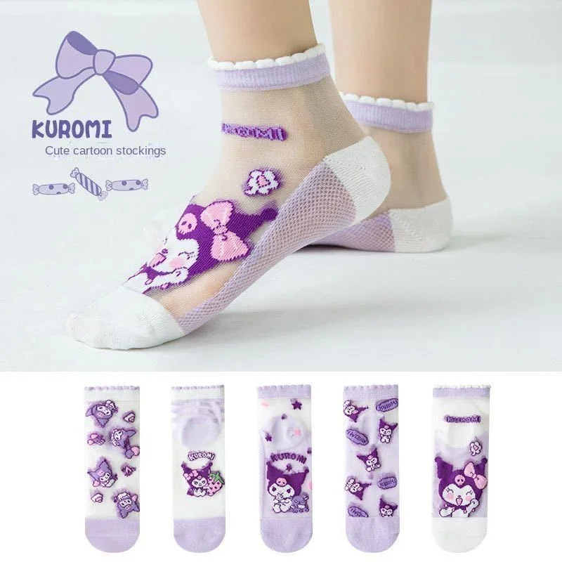 Kuromi-Calcetines de algodón puro para niñas, medias finas de verano, transpirables, 5 pares