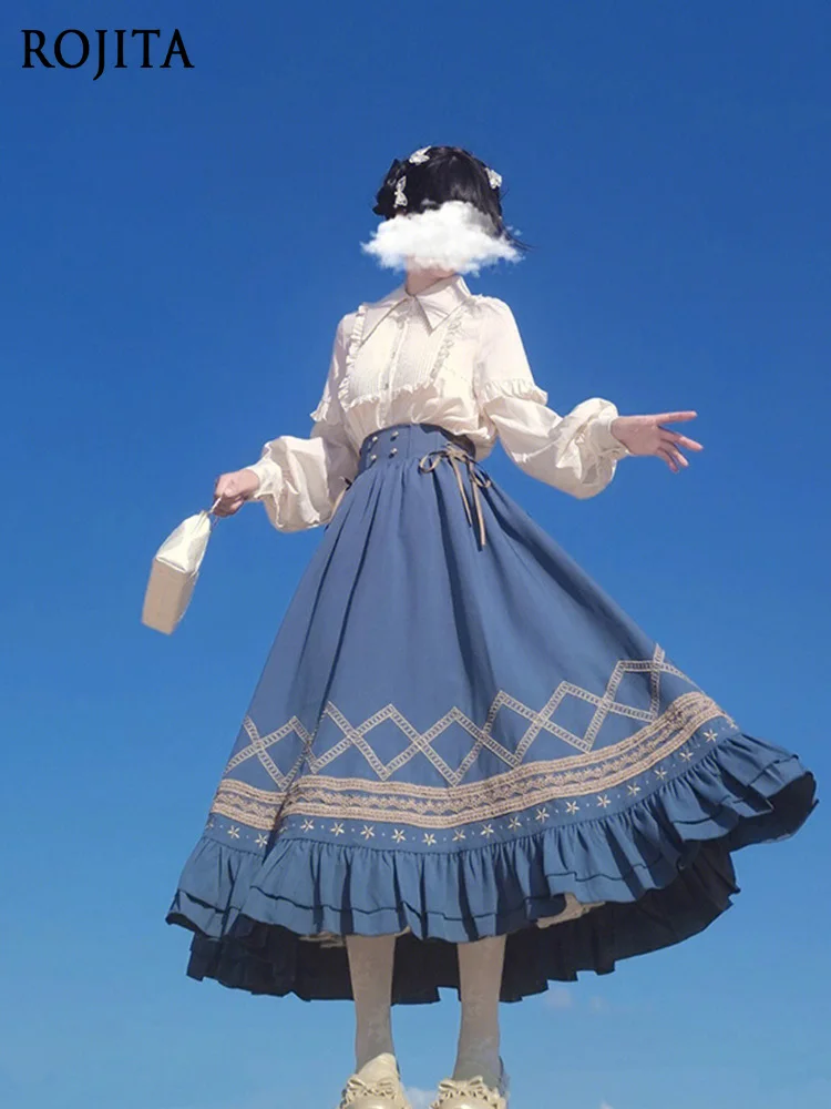 Sweet and Elegant Lady Lolita High Waist Skirt Sets Women Outfits Lolita Pointed Neck Ruffled Bubble Sleeves White Shirt