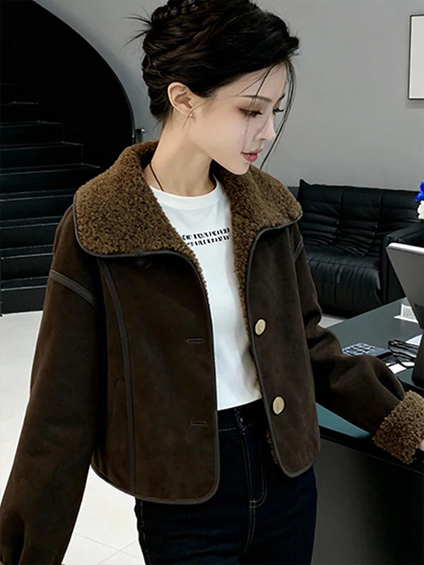 

Женская повседневная куртка из овечьей шерсти глубокого карамельного цвета с воротником-стойкой, укороченная, теплая, на пуговицах