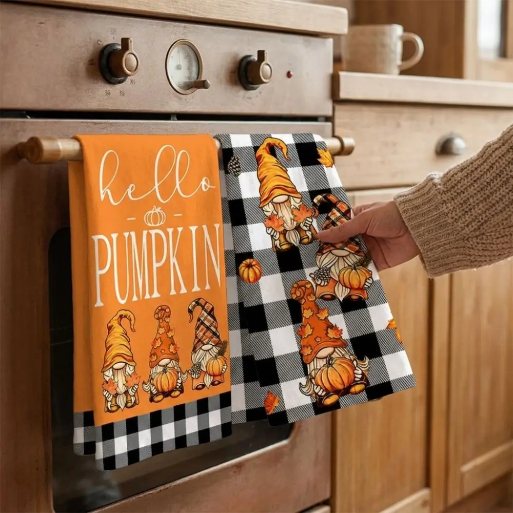 2Pcs Soft Absorbent Fall Gnome Dish Towels Microfiber Maple Leaf Kitchen Hand Towels Autumn Harvest Quick Dry