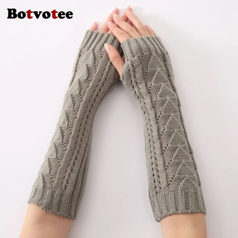 

Botvotee Y2k аксессуары, грелки для рук, рукава для женщин, зимние вязаные ажурные треугольные перчатки с длинными рукавами, перчатки без пальцев