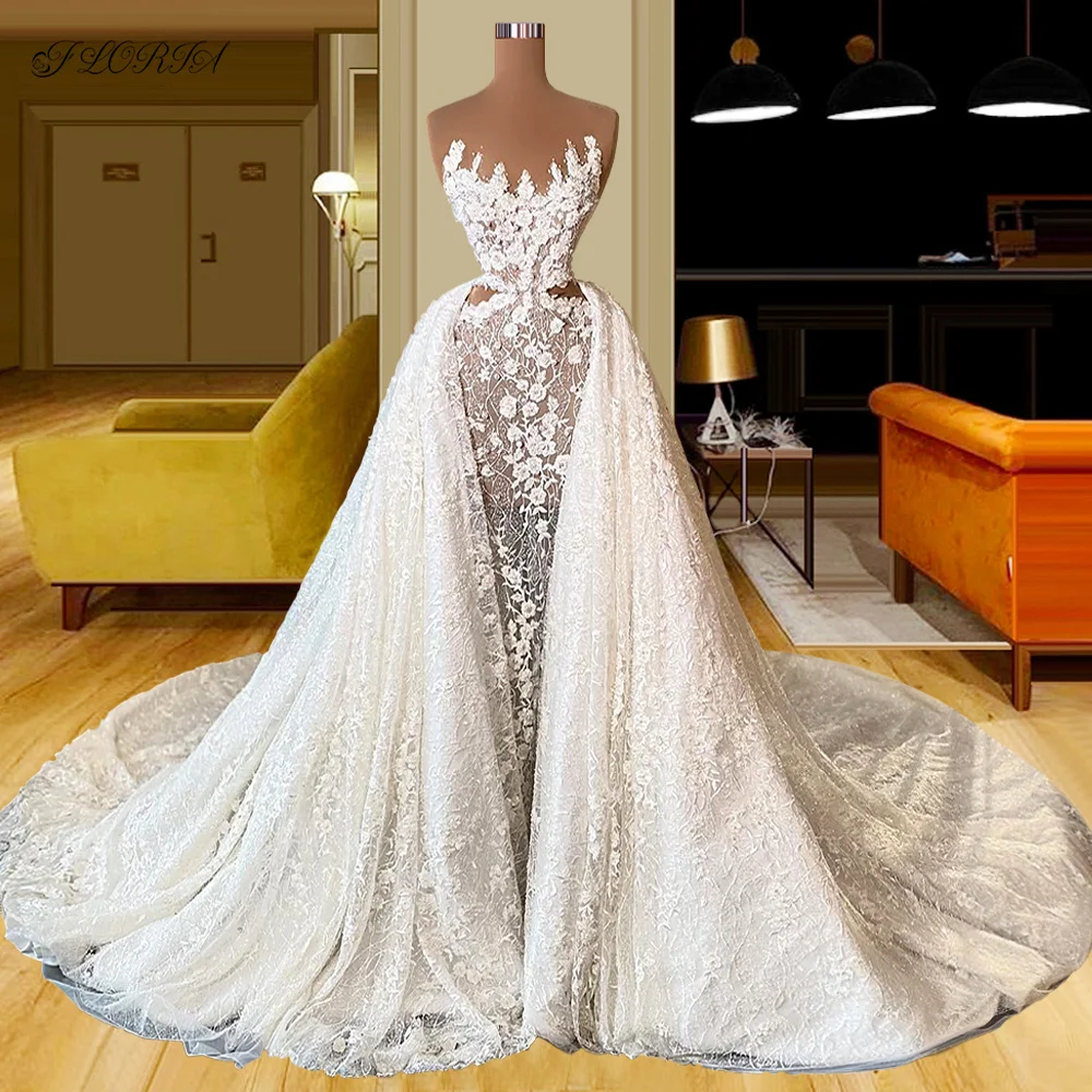 Romântico 3d flores dubai vestidos de casamento 2022 sem mangas robe de mariee frisado pérolas apliques rendas africano vestido novia