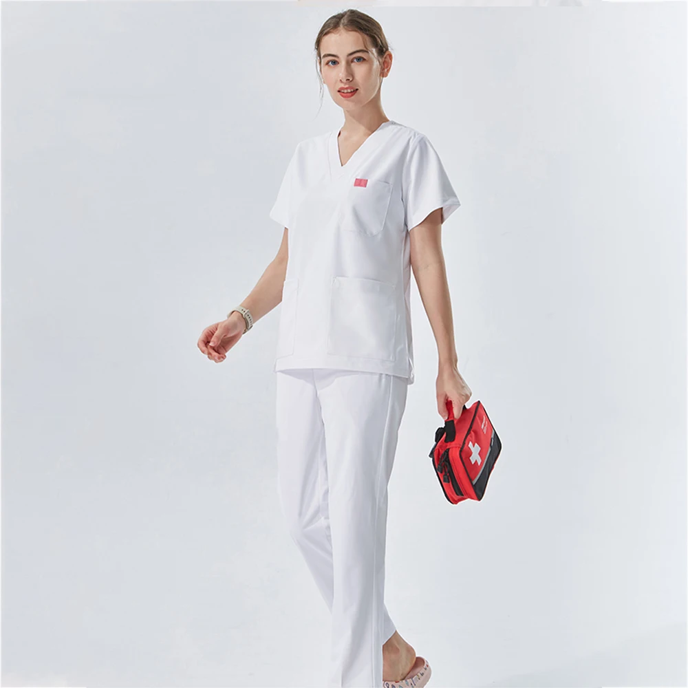 White Medical Women's Nurse Uniforms Silky Scrub Set Dental Workwear Clothes Top Pant Surgeon Medic Surgical Outfit Suit 002