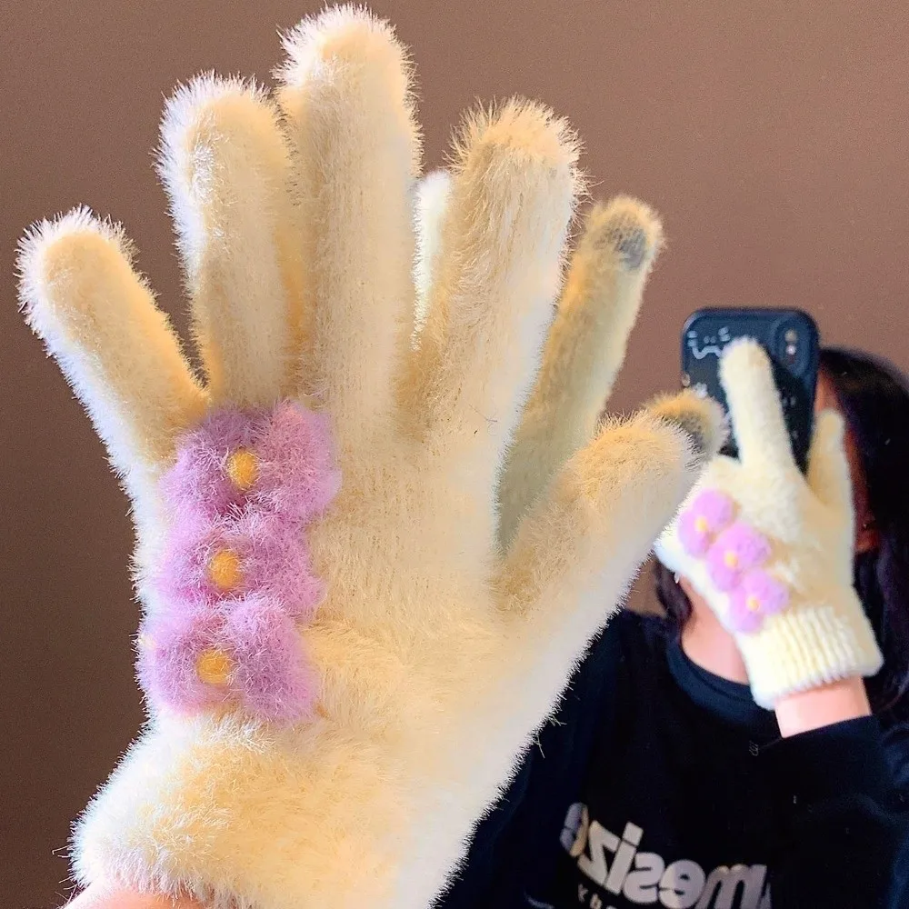 Fuzzy Bow Decorated Knitted Full Finger Gloves Cold Proof Polyester Thick Winter Gloves Stretchy Lining Touch Screen Gloves