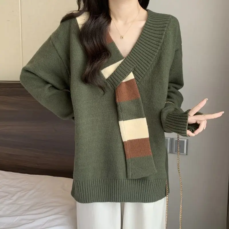 

2024 Winter Casual Gentle V-neck Sweater for Women Autumn and Winter Solid Color Irregular Knitted Versatile Loose Top for Women