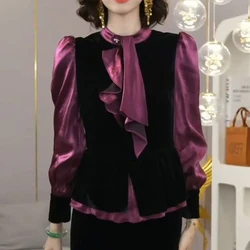 High Temperament Socialite Simple Fashion Fake Two Purple Patchwork Shirts Autumn and Winter New Long Sleeved Blouses Shirts