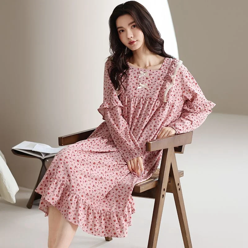 

2025 Autumn Long Sleeve 100% Cotton Nightgowns for Women Korean Cute Lace Sleepwear Night Dress Nightdress Ladies Home Nighty