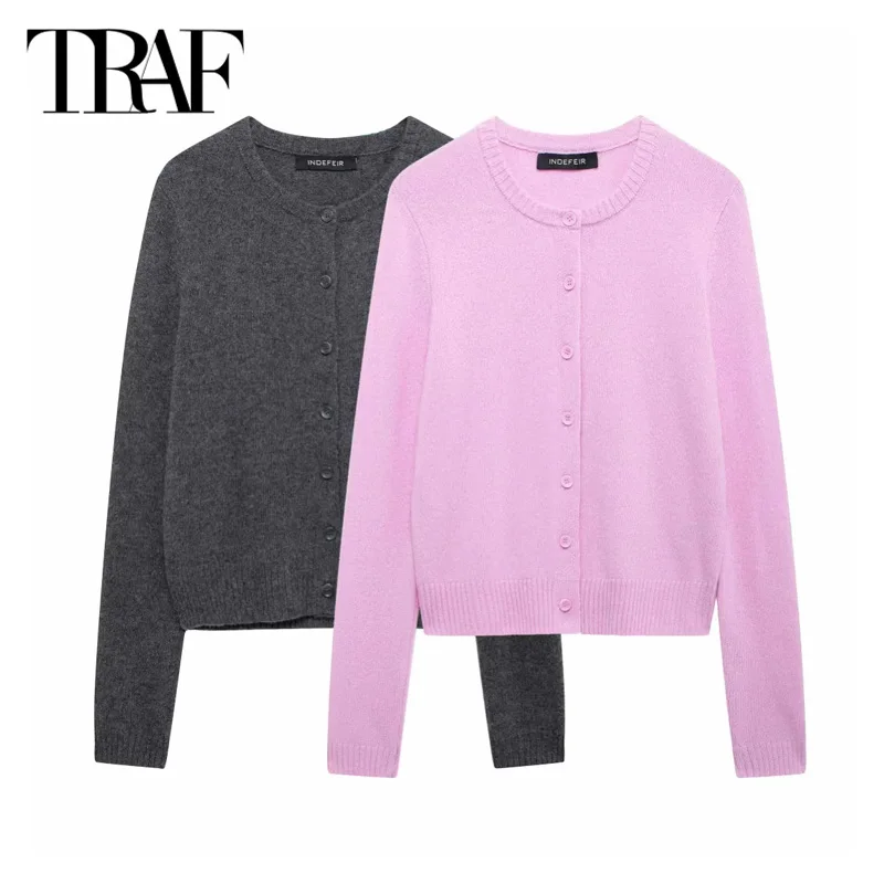 TRAF Elegant Sweater Outerwear Coat 2024 Women\'s Autumn Long Sleeve Knitted Cardigans Ladies Fashion Casual Pink Grey Knitwear