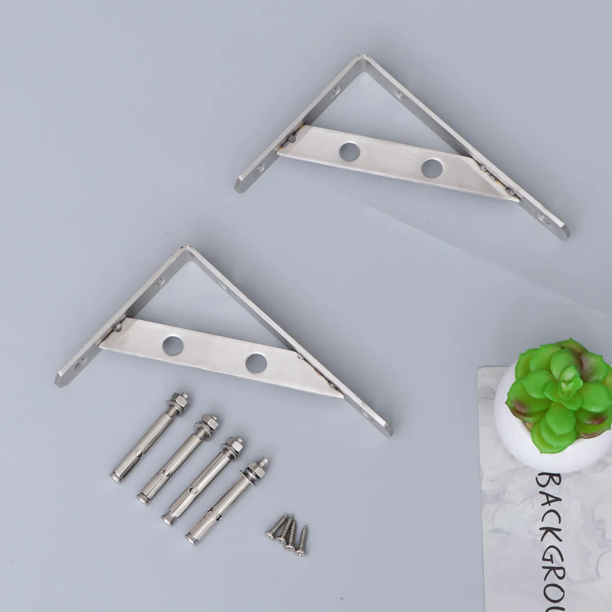 2Pcs Stainless Steel Triangular Shelf Brackets Elegant Flush Mount Corner Brace for Wall Mounted Bookshelf Storage Rack Kitchen