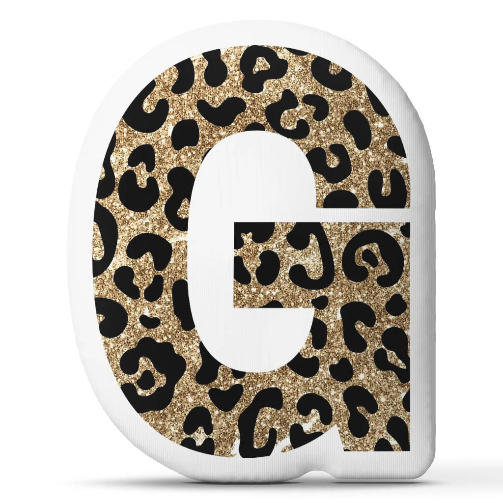 Gold Leopard Letter G Initial Shaped Plush Pillow Alphabet Cushion Stuffed Throw Pillow for Sofa Bedroom Home Decor Gift