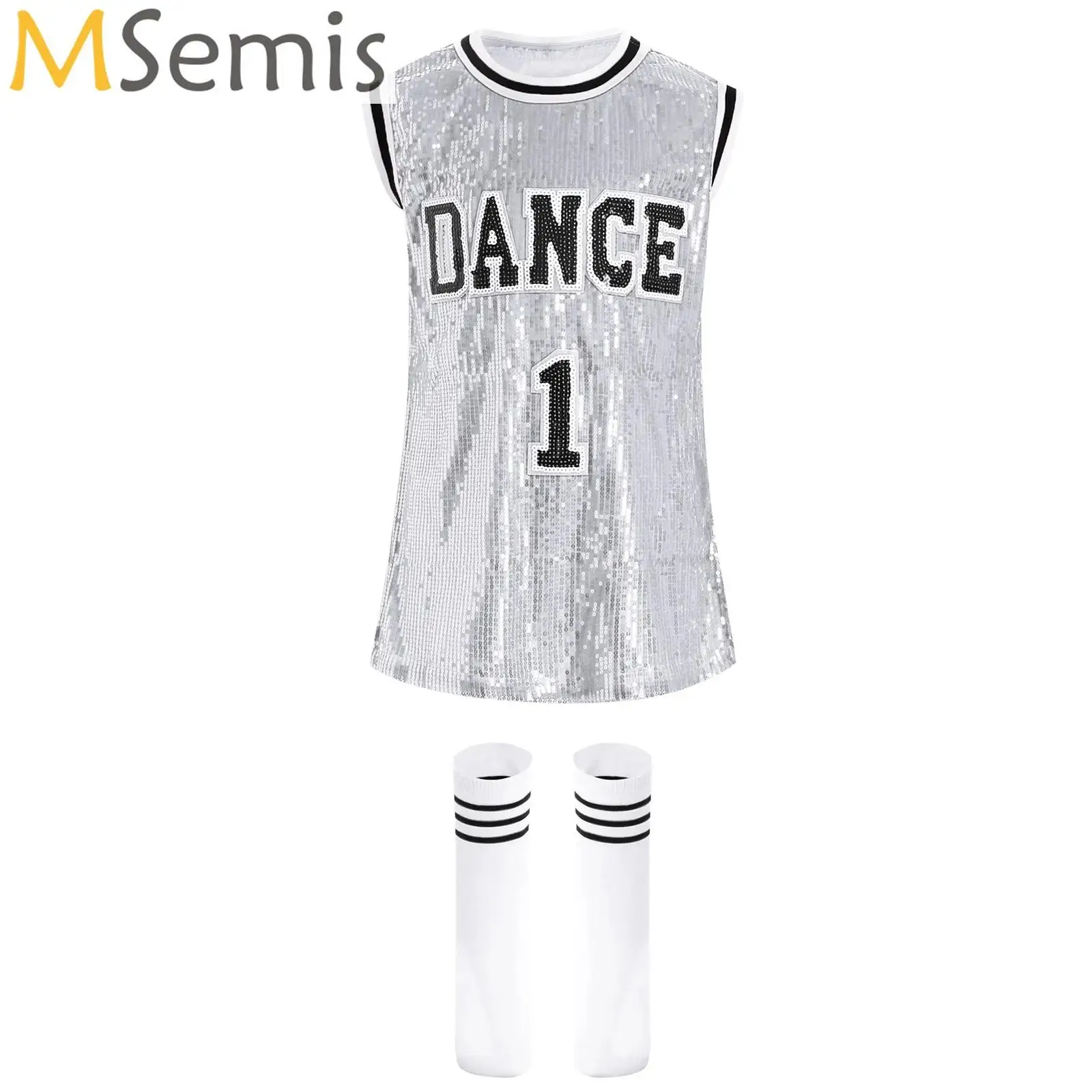 

Kids Girls Sparkly Sequins Dress Sleeveless Cheerleading Dresses with Socks Set for Hip-Hop Jazz Modern Dance Stage Performance