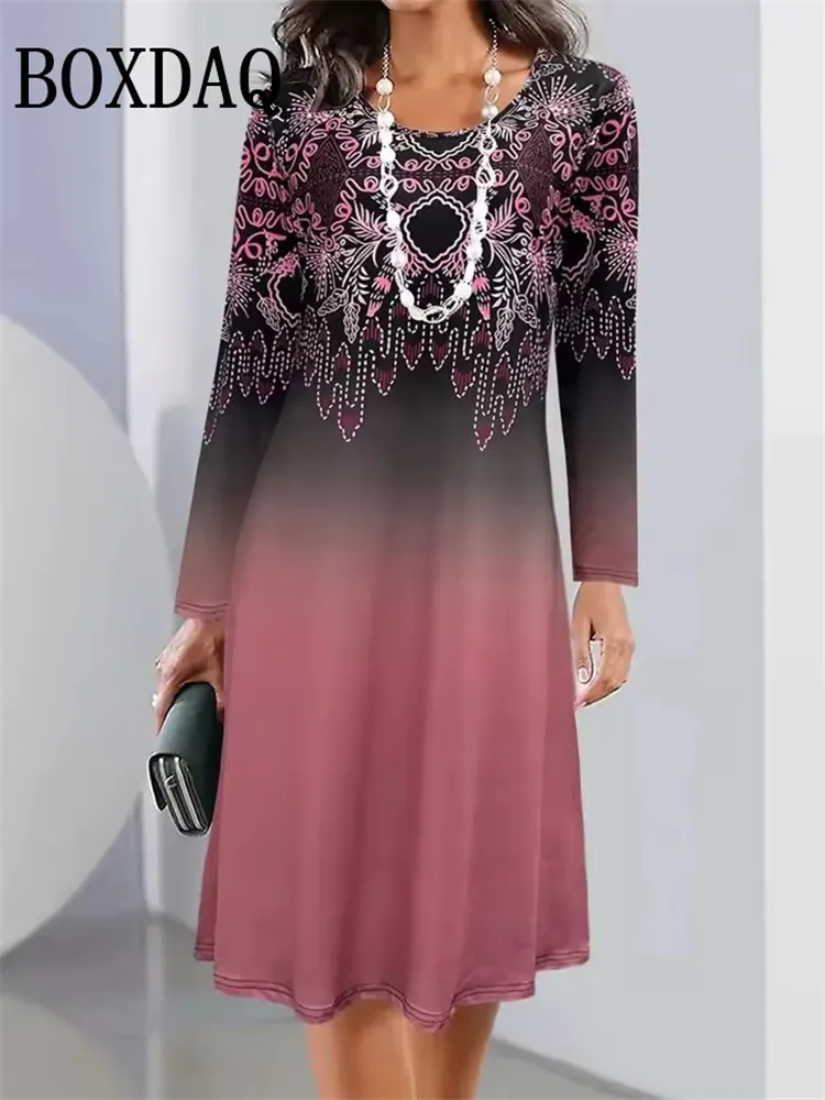 

Осень 2024, женские платья с длинным рукавом, модное свободное мини-платье трапециевидной формы с цветочным принтом, повседневный пляжный сарафан с круглым вырезом и отпускным принтом