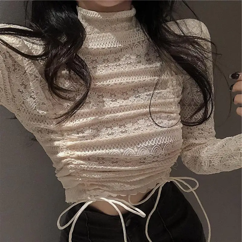 Turtleneck SeeThrough Hollow Out T Shirt Autumn Lace Long Sleeve Top Slim Korean Fashion Woman Clothes Drawstring Pullovers