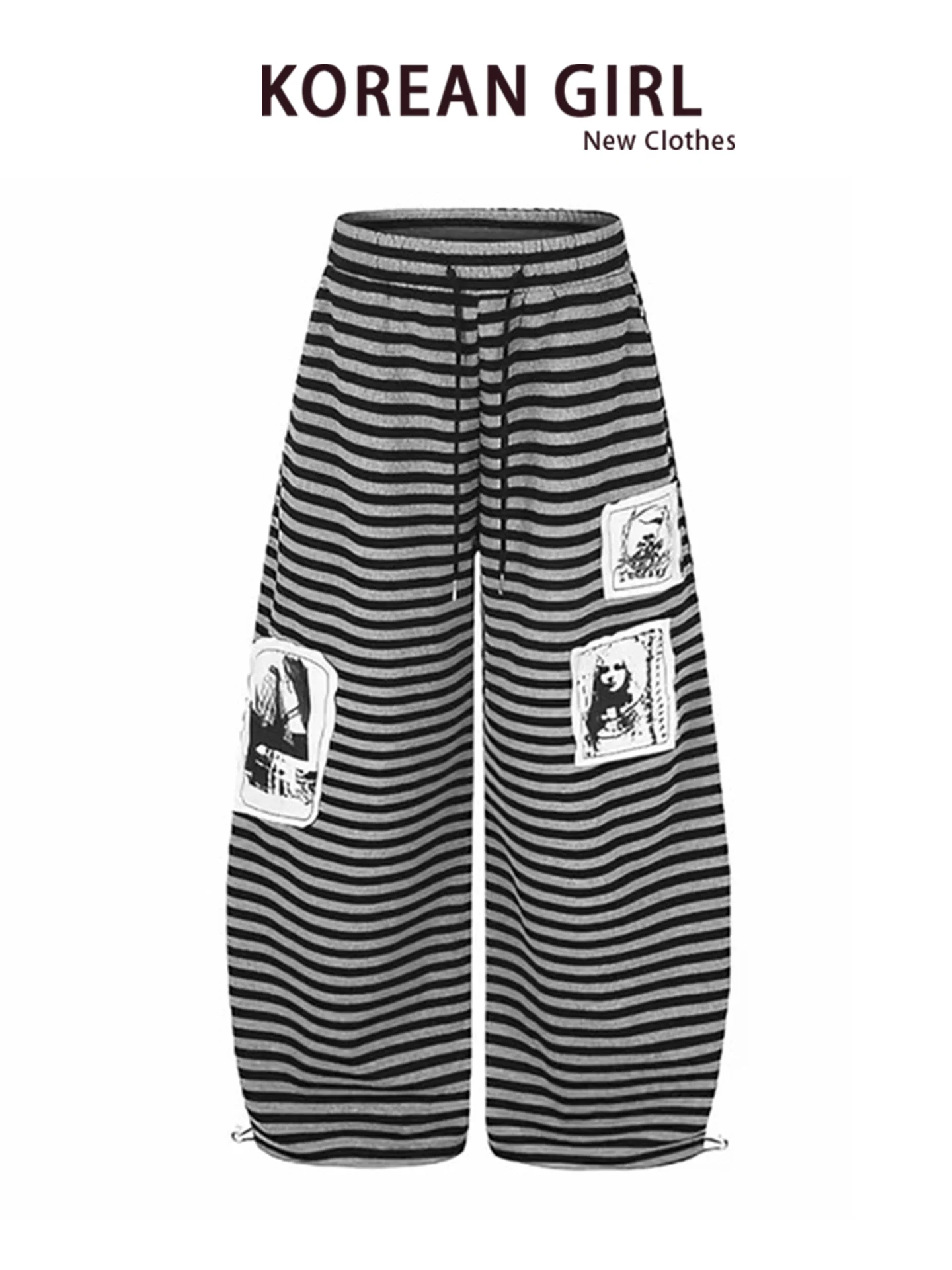 Retro American Distressed Stripe Patchwork Wide Leg Pants Women's Loose Drawstring Sport Casual Pants Knife  Long Trousers