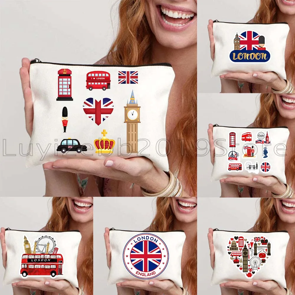 London Skyline Landmark Bus Taxi Telephone Box Guard St Pauls and Big Ben UK Canvas Cosmetic Makeup Toilet Bag Pencil Case Pouch
