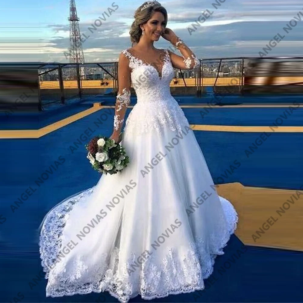 فساتين زفاف بيضاء مخصصة بأكمام طويلة مع زينة من الدانتيل وظهر شفاف على شكل حرف A فستان زفاف فيستدوس دي نوفيا