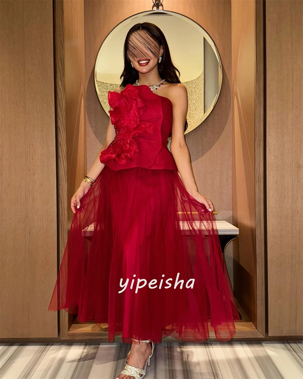 Personalizado exquisito apliques de red flor plisado acanalado flor hecha a mano A-line vestidos Midi sin tirantes vestidos de quinceañera clásicos