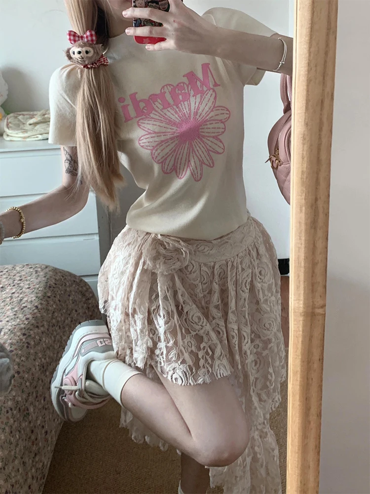 Irregular Lace f Skirt Women's Summer 2025 New Design -Midi A-Line Cake Skirt High Waist Other Material 00%