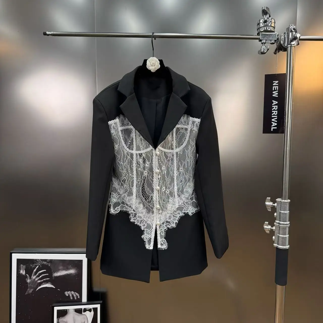 

Женский весенний пиджак, осень 2024, сексуальный кружевной лоскутный черный пиджак с длинными рукавами, пальто для ночного клуба, уличная куртка, Новое поступление