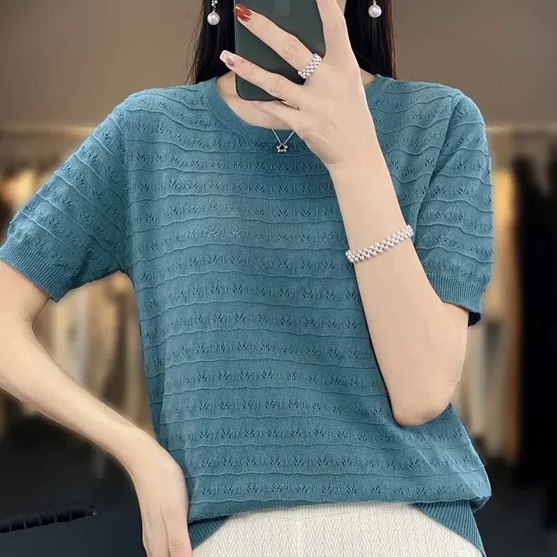 Korean Office Lady Summer T-Shirts Women's Solid Color Round Neck Ice Silk Screw Thread Chic Casual Short Sleeve Loose Knit Tops