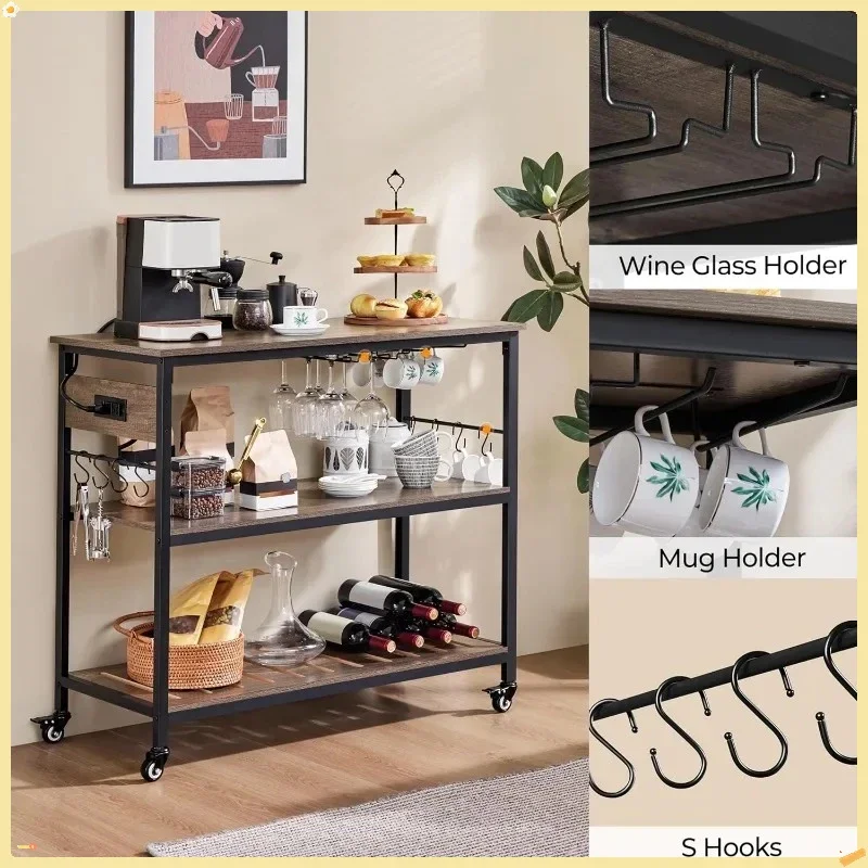 3-Tier Kitchen Cart with Electrical Outlets & Wheels - Mobile Microwave Stand for Apartment Kitchen