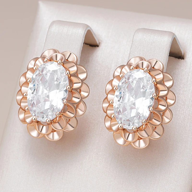 Kinel Hot Classic Big Oval Natural Zircon English Earrings For Women 585 Rose Gold Color Crystal Flower Daily Vintage Jewelry