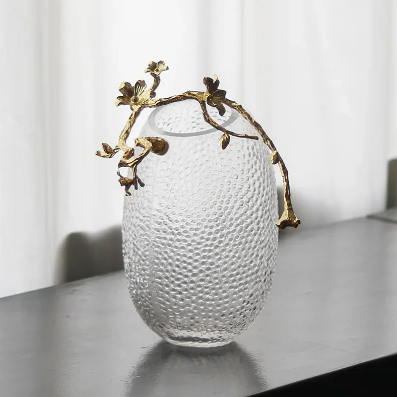 Chinese Pot-bellied Glass Flower Ornaments Hammer Glass Vase Art Metal Vine Vase Living Room Craft Aesthetic Ornaments Vases