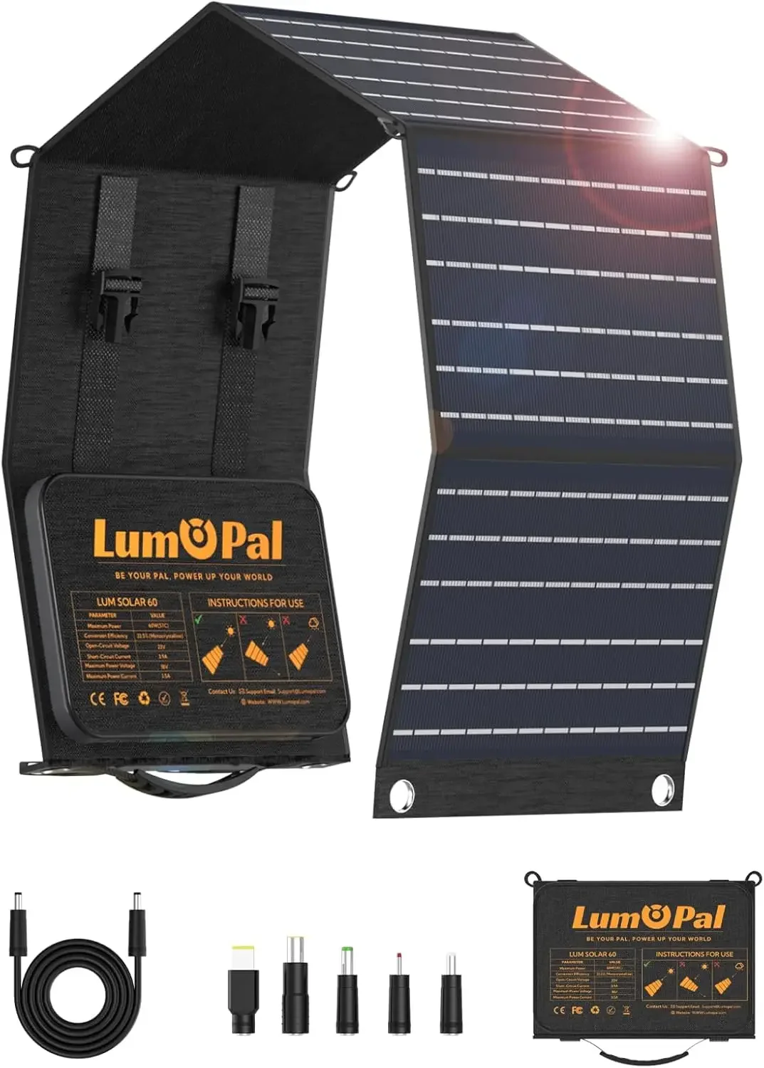 Foldable Solar Panel LUMOPAL 60W Portable Folding Solar Charger Kit with USB-C PD60W 5V USB-A QC3.0 DC18-20V Ports