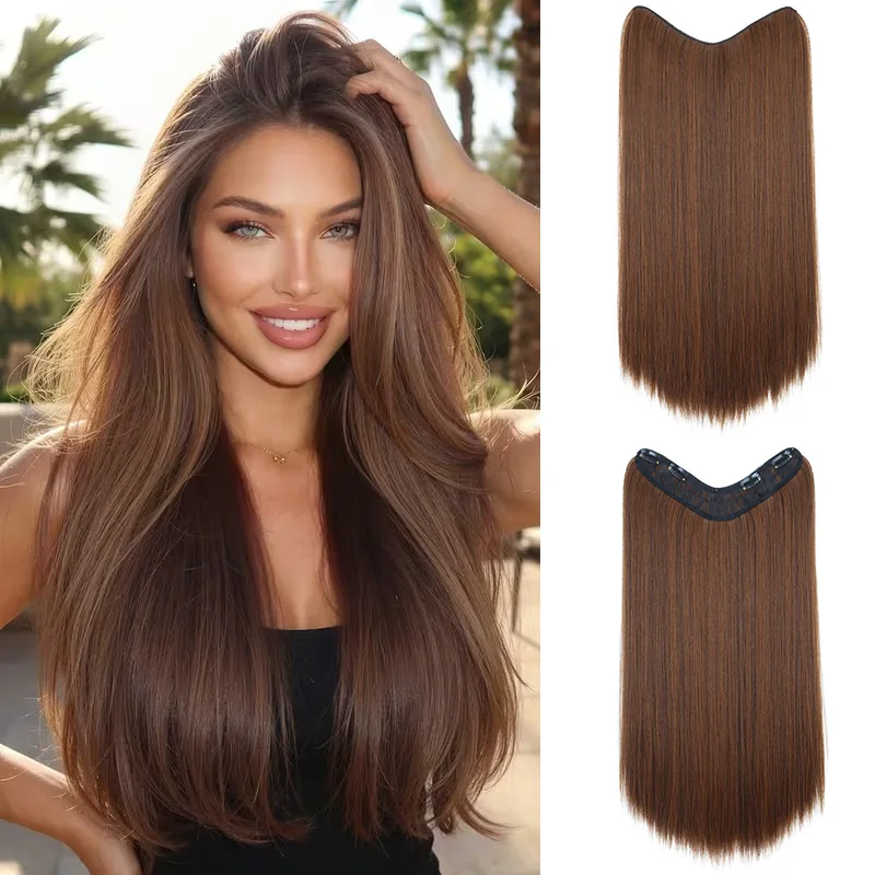 24Inch Synthetic Long Straight 4 Clips One Piece Hair Extension to Increase Hair Volume Soft Fiber Hairpiece for Women