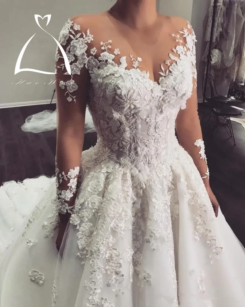 Vestidos de novia árabes de línea A, cuello de joya transparente, mangas largas, apliques de encaje Floral 3D, cuentas, cola de corte de talla grande, tul nupcial G