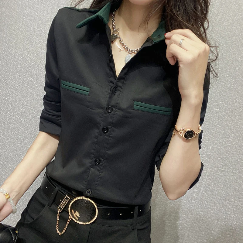 Spring New Korean Slim Youth Shirt Tops Polo Neck Long Sleeve Striped Patchwork Elegant Blouse Vintage Fashion Women Clothing