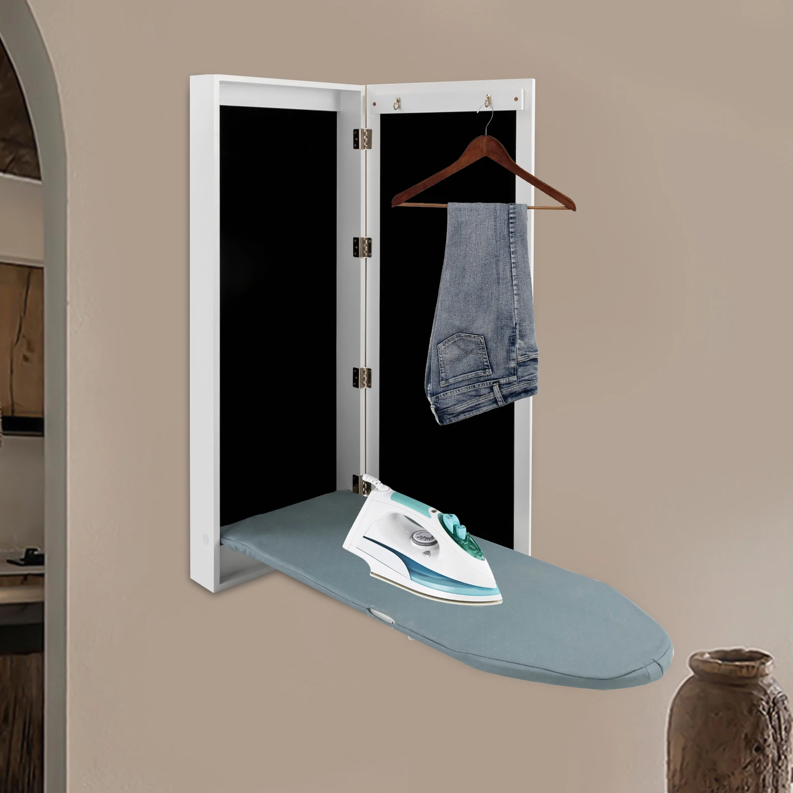 Wall-mounted Ironing Board Foldable Cabinet Hanging Mirror Door Fold Up and Down Built-in