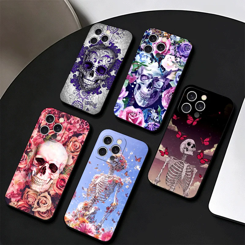 Чехол для телефона с цветочным узором и скелетом для iPhone 17 Air, 16, 15 Plus, 11, 14 Pro Max, 17E, 16E, 13, 12, 7, XS, X, 8, SE, с индивидуальным дизайном