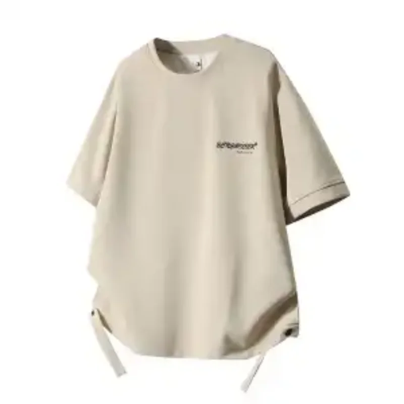 Men Summer Loose Curved Hem T Shirt Letter Print Drawstring Decor Short Sleeve Top