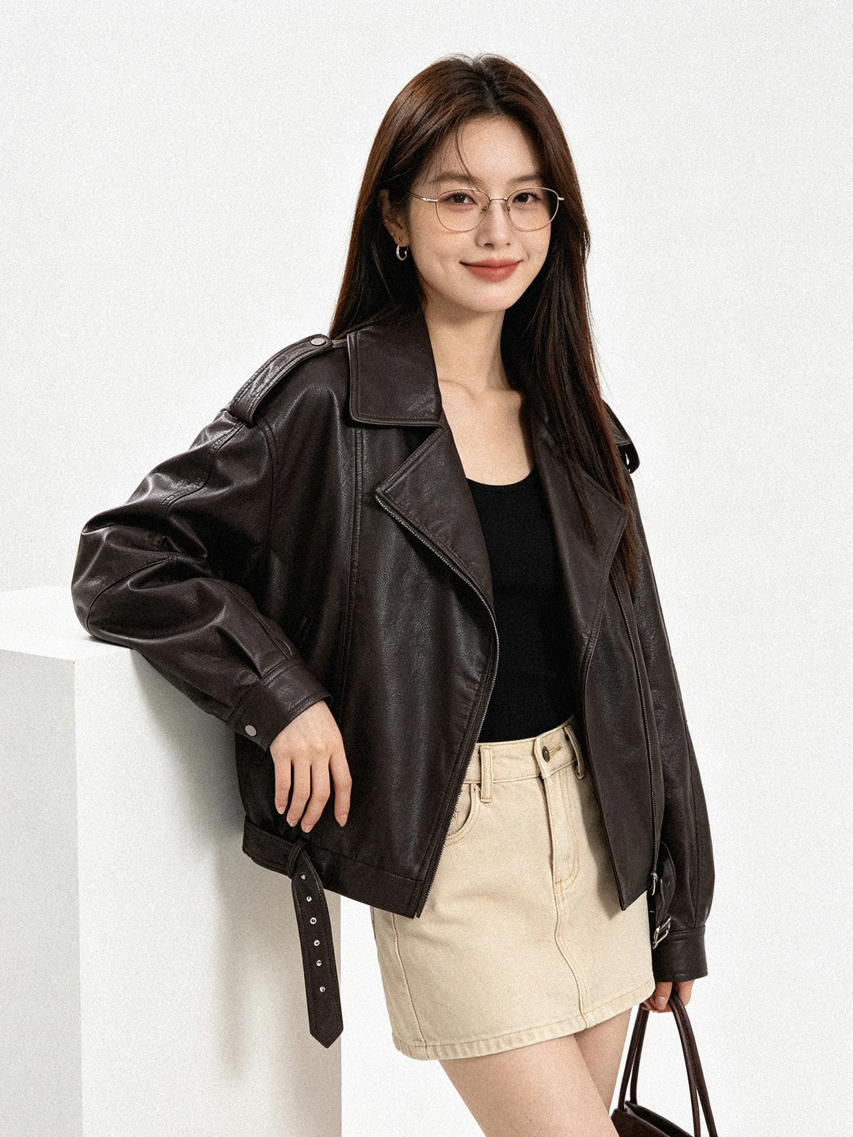 American Retro Leather Jacket Women's Waist Belt Loose Motorcycle Jacket Top Slimming Early Autumn Neutral Style Standard Fit