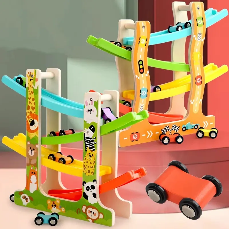 Kids Track Wooden Ramp Racing Toddler Toy Car Set Montessori Educational Toy Game Mini Inertia Slide Roller Coaster Racing