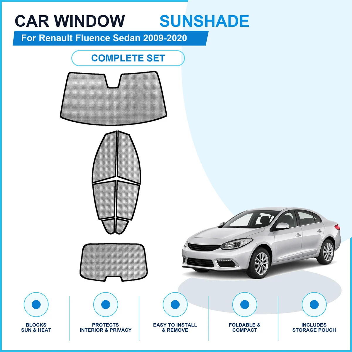 For Renault Fluence Sedan 2009-2020 Custom Full Set Window Sunshades Aluminum Foil Suction Cup Anti UV Privacy