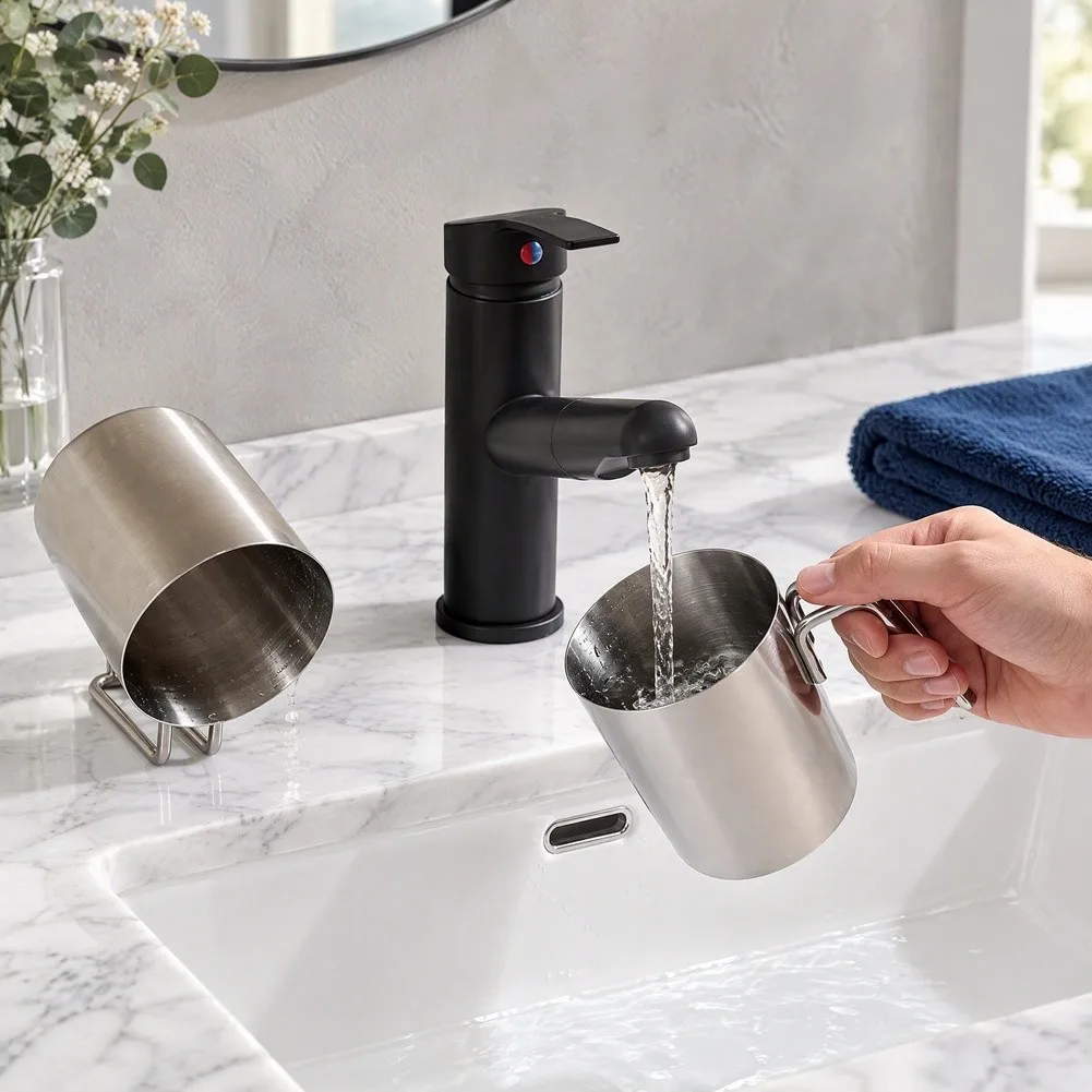 304 SS Invertible Mouthwash Cup with Rounded Edges and Ergonomic Handle for Couples Families and Student Living Spaces