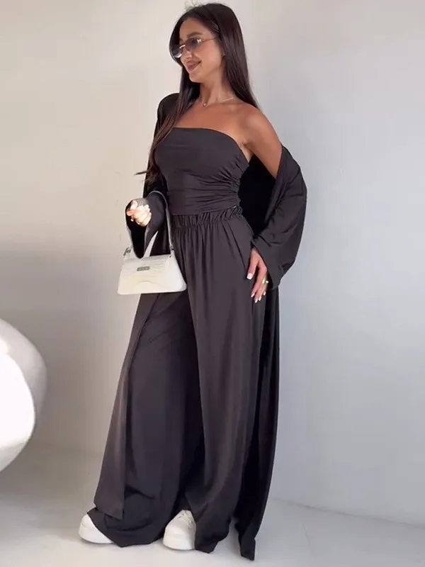 

Casual Strapl Long Vest Top Wide Leg Pants Tee Piece Set Women's Summer New Arrival Loose Fit Color Faion