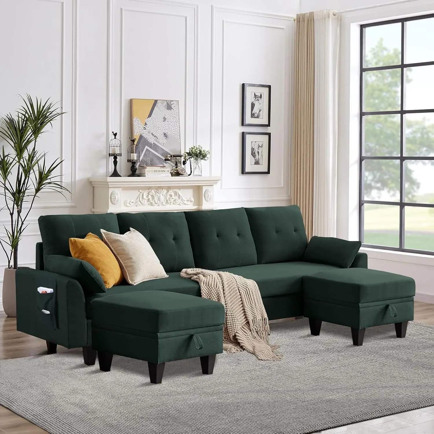 

101" Convertible Sectional Sofa, Modern Linen Fabric U-Shaped Couch w/ Reversible Chaises & Storage Pocket, 4 Seat Sofa Couches
