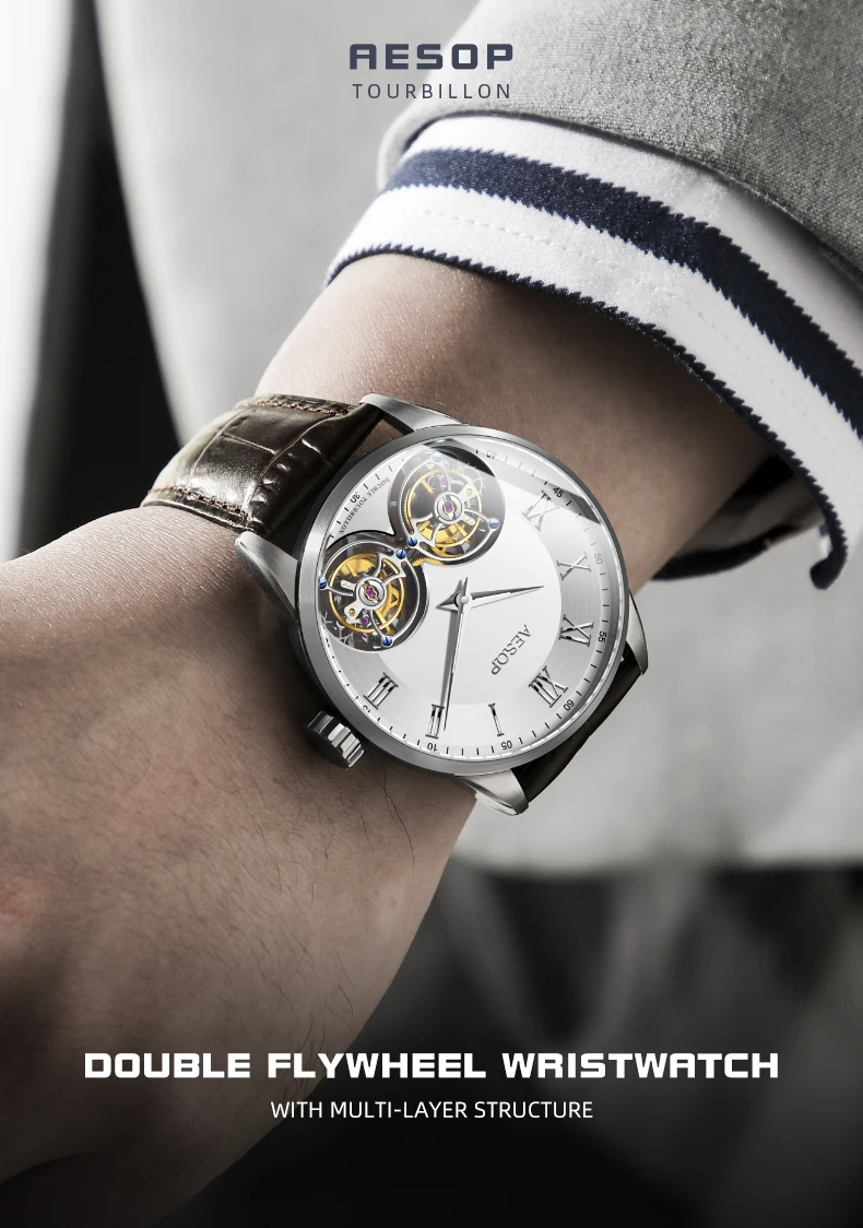 AESOP（manual7026G）Luxury Double Tourbillon Manual Mechanical Watch 40H Power Reserve Sapphire Crystal Men's Watch