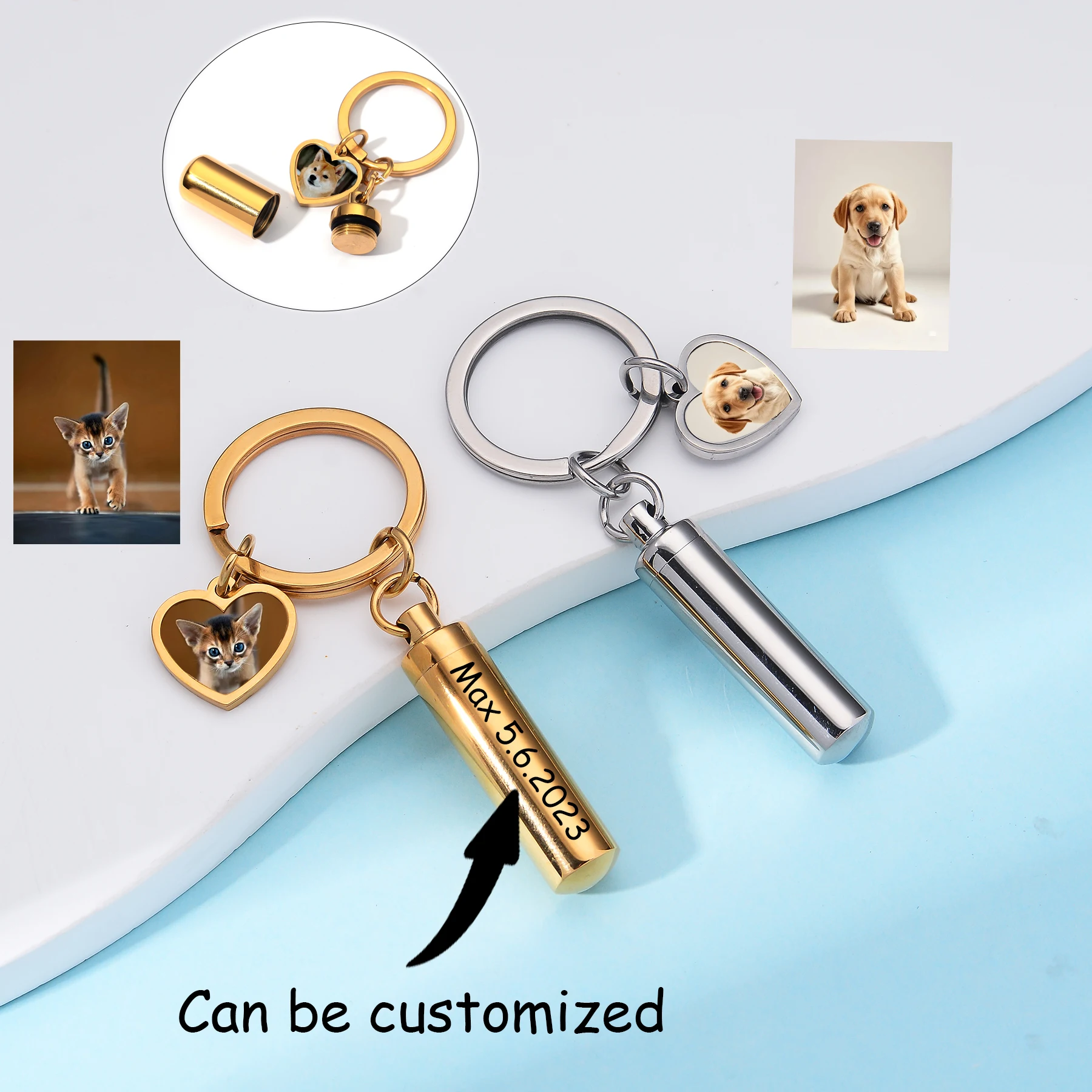 

Цилиндрический брелок-урна с подвеской в виде сердца, индивидуальное фото имя, дата, текст, брелок для кремации, домашнее животное/человеческий пепел, мемориальные украшения