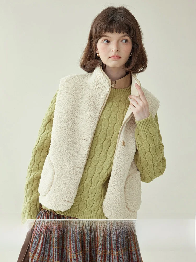 

Оригинальный милый жилет с воротником-стойкой из меха ягненка, женский зимний новый многослойный топ на пуговицах AMUU North Island