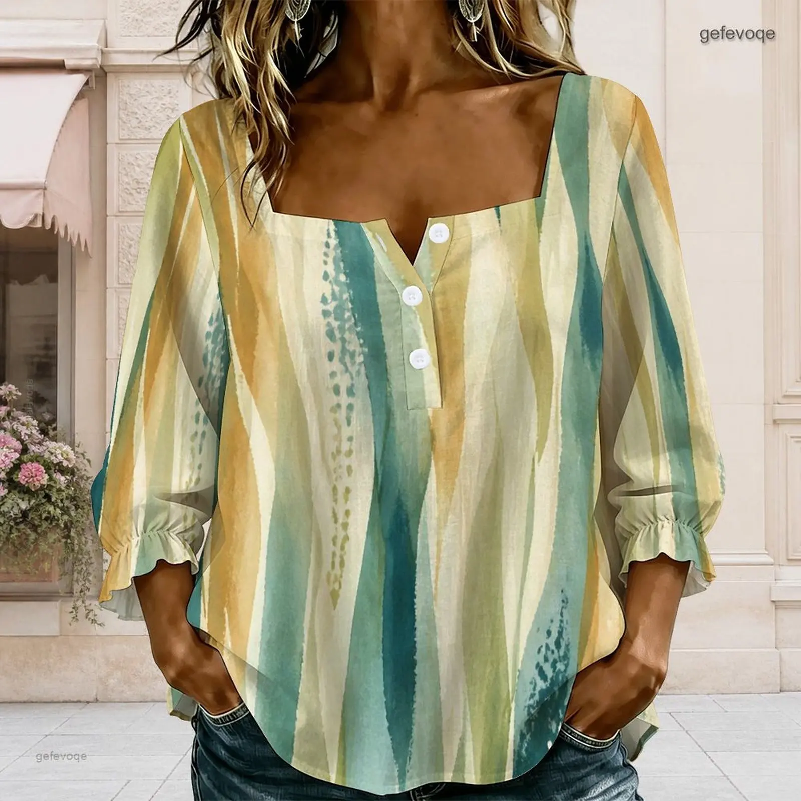 Women Printed Blouse Square Neck Button Detail Long Sleeve Ruffle Cuffs