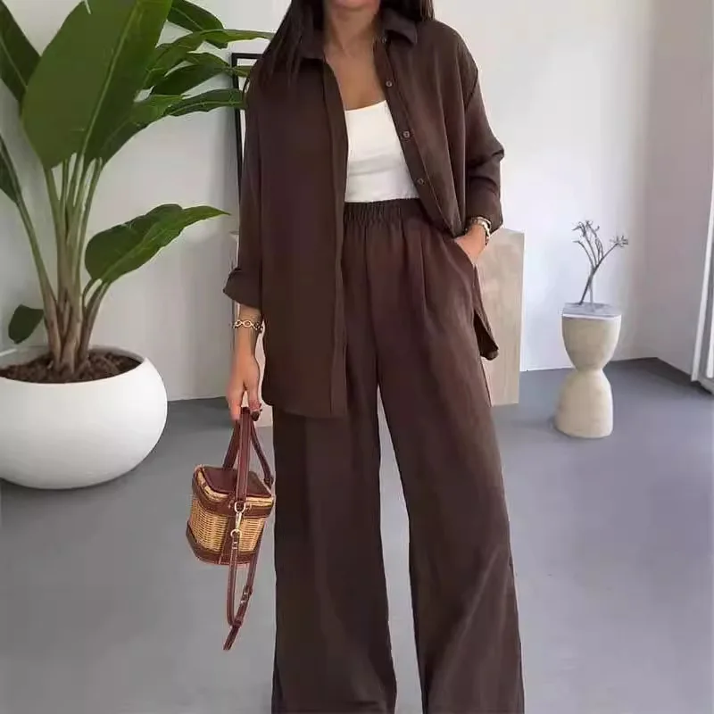 

Spring New Long Sleeve Shirts&Elastic Waist Pants Sets Trendy Single Breasted Solid Loose 2pc Elegant Lady Lapel Commute Outfits