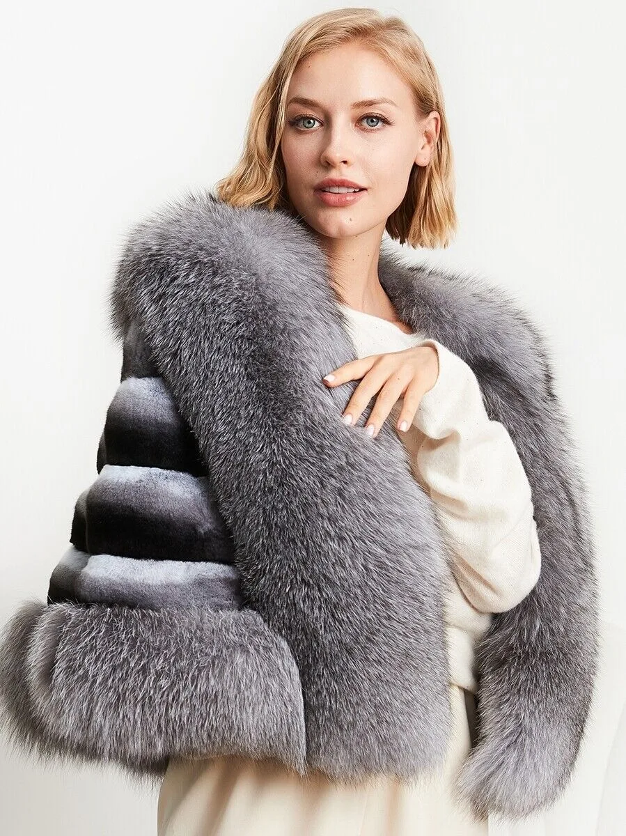 Women Real Rex Rabbit Fur Banquet Shawl Chinchilla Cape Poncho With Real Fox Fur genuine fur coats thickened warmth fluffy